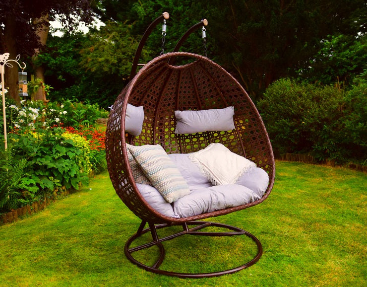 Rattan Double Hanging Egg Chair with Stand & Cushions for Indoor & Outdoor