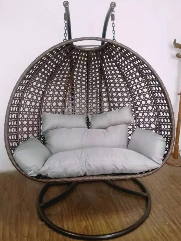 Rattan Double Hanging Egg Chair with Stand & Cushions for Indoor & Outdoor