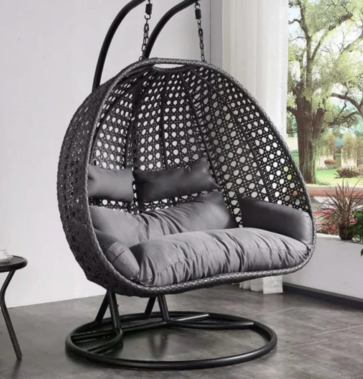 Rattan Double Hanging Egg Chair with Stand & Cushions for Indoor & Outdoor