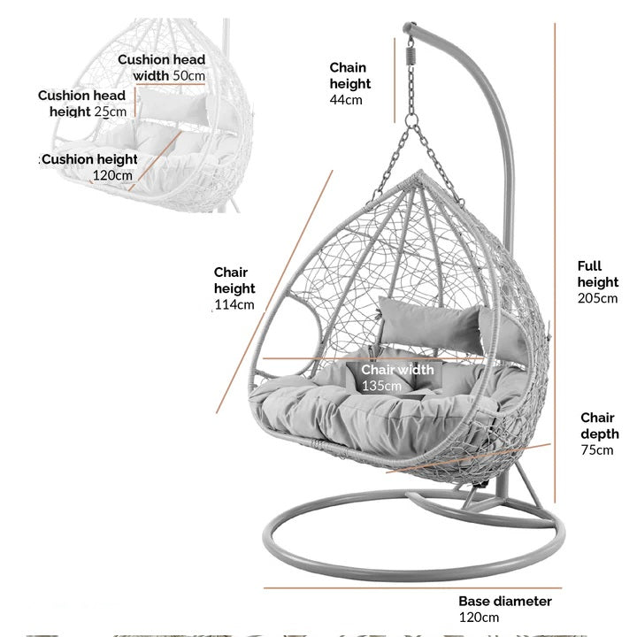 Hanging Egg Chair for 2 Persons with Stand & Cushions – Indoor & Outdoor Rattan Swing Seat