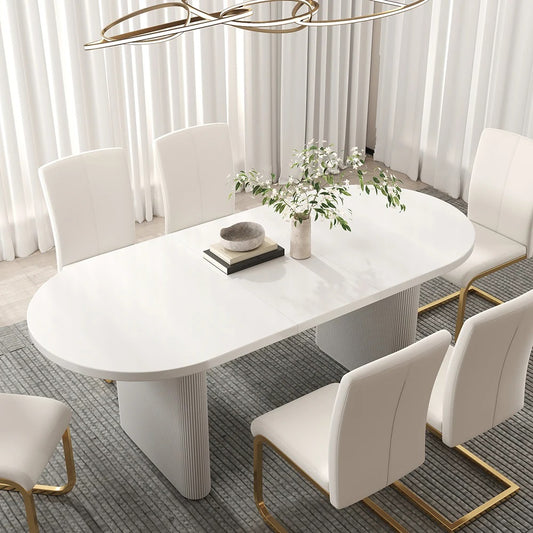 White Oval Japandi Extendable Dining Table – Seats 4 to 6 People with Solid Wood Base