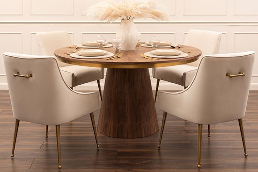 6 Seater Round Walnut Dining Table with Brass Detail